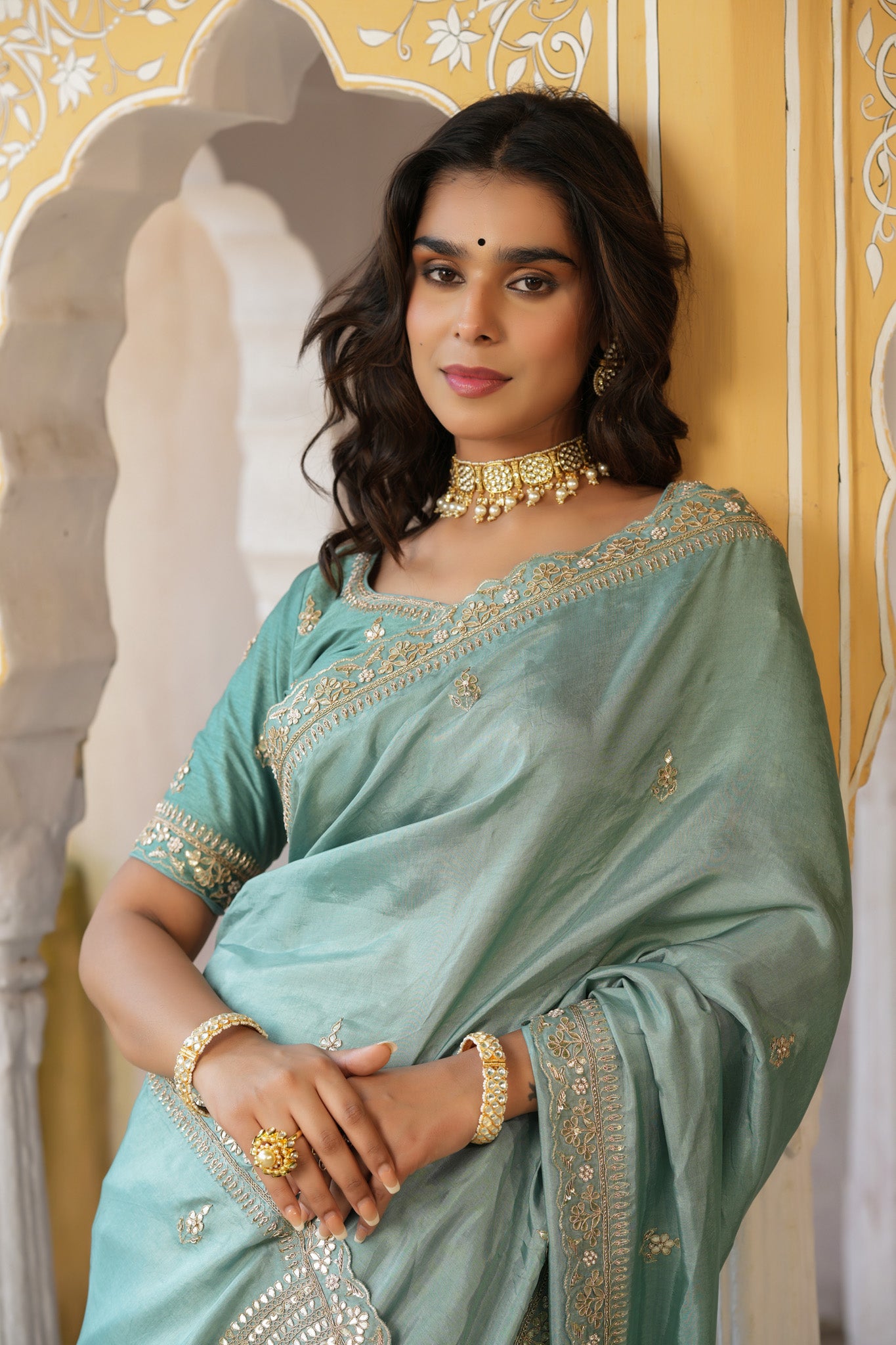 Shop sea green tussar georgette saree online in USA with embroidered blouse. Make a fashion statement at weddings with stunning designer sarees, embroidered sarees with blouse, wedding sarees, handloom sarees from Pure Elegance Indian fashion store in USA.-closeup