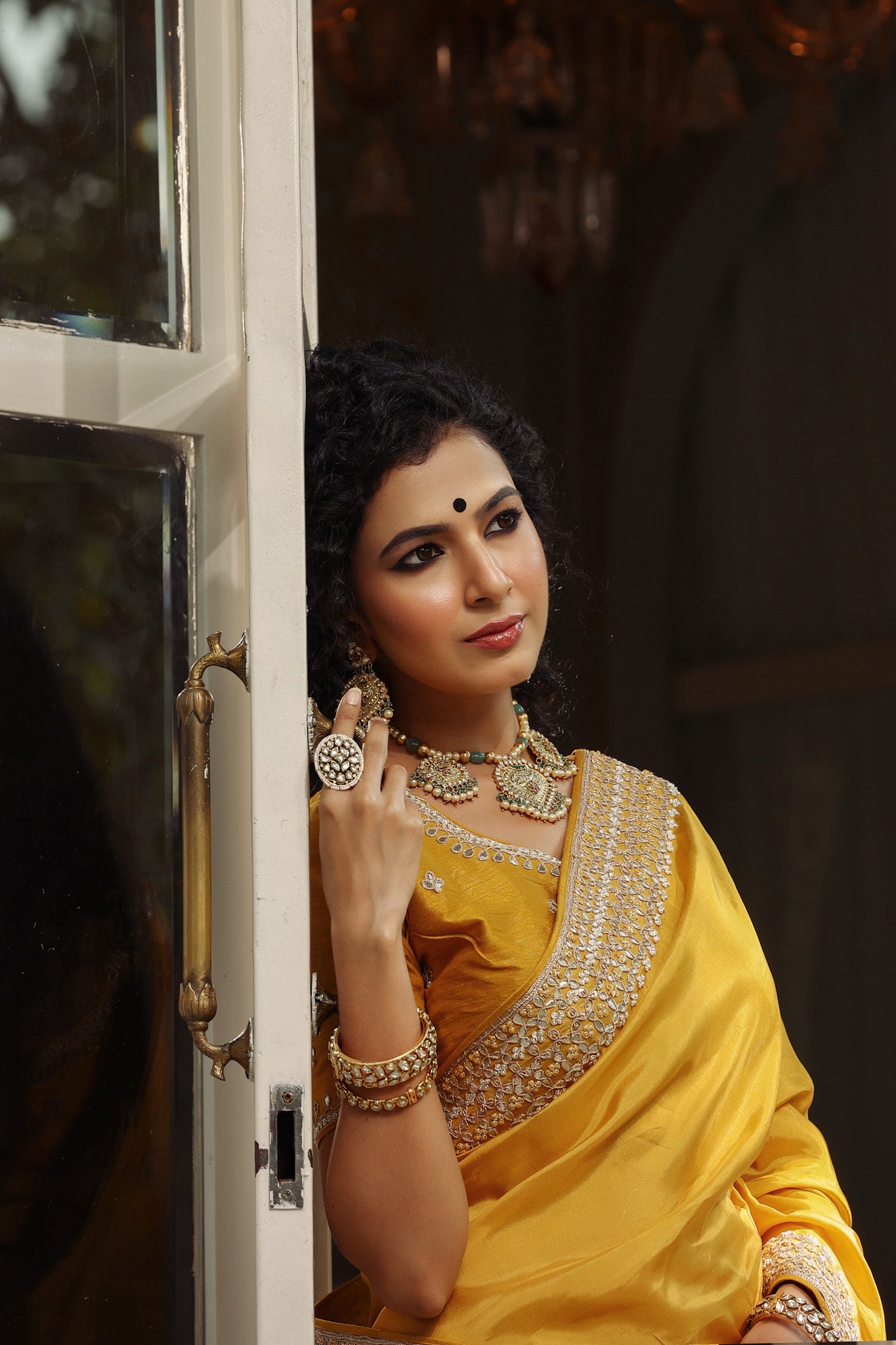 Buy yellow tussar georgette saree online in USA with embroidered blouse. Make a fashion statement at weddings with stunning designer sarees, embroidered sarees with blouse, wedding sarees, handloom sarees from Pure Elegance Indian fashion store in USA.-closeup