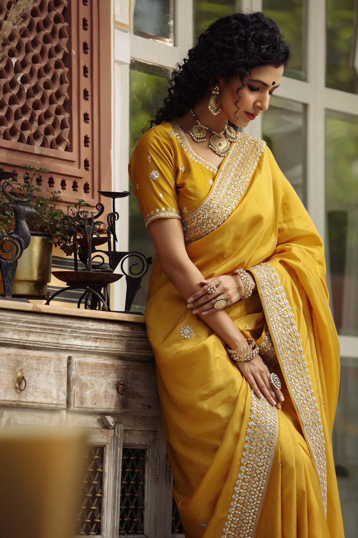 Buy yellow tussar georgette saree online in USA with embroidered blouse. Make a fashion statement at weddings with stunning designer sarees, embroidered sarees with blouse, wedding sarees, handloom sarees from Pure Elegance Indian fashion store in USA.-details