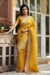 Buy yellow tussar georgette saree online in USA with embroidered blouse. Make a fashion statement at weddings with stunning designer sarees, embroidered sarees with blouse, wedding sarees, handloom sarees from Pure Elegance Indian fashion store in USA.-full view