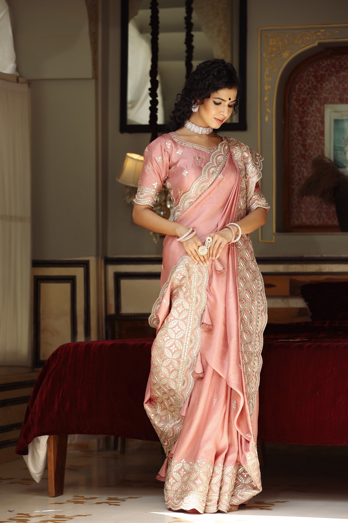 Buy light pink tussar georgette saree online in USA with embroidered blouse. Make a fashion statement at weddings with stunning designer sarees, embroidered sarees with blouse, wedding sarees, handloom sarees from Pure Elegance Indian fashion store in USA.-front