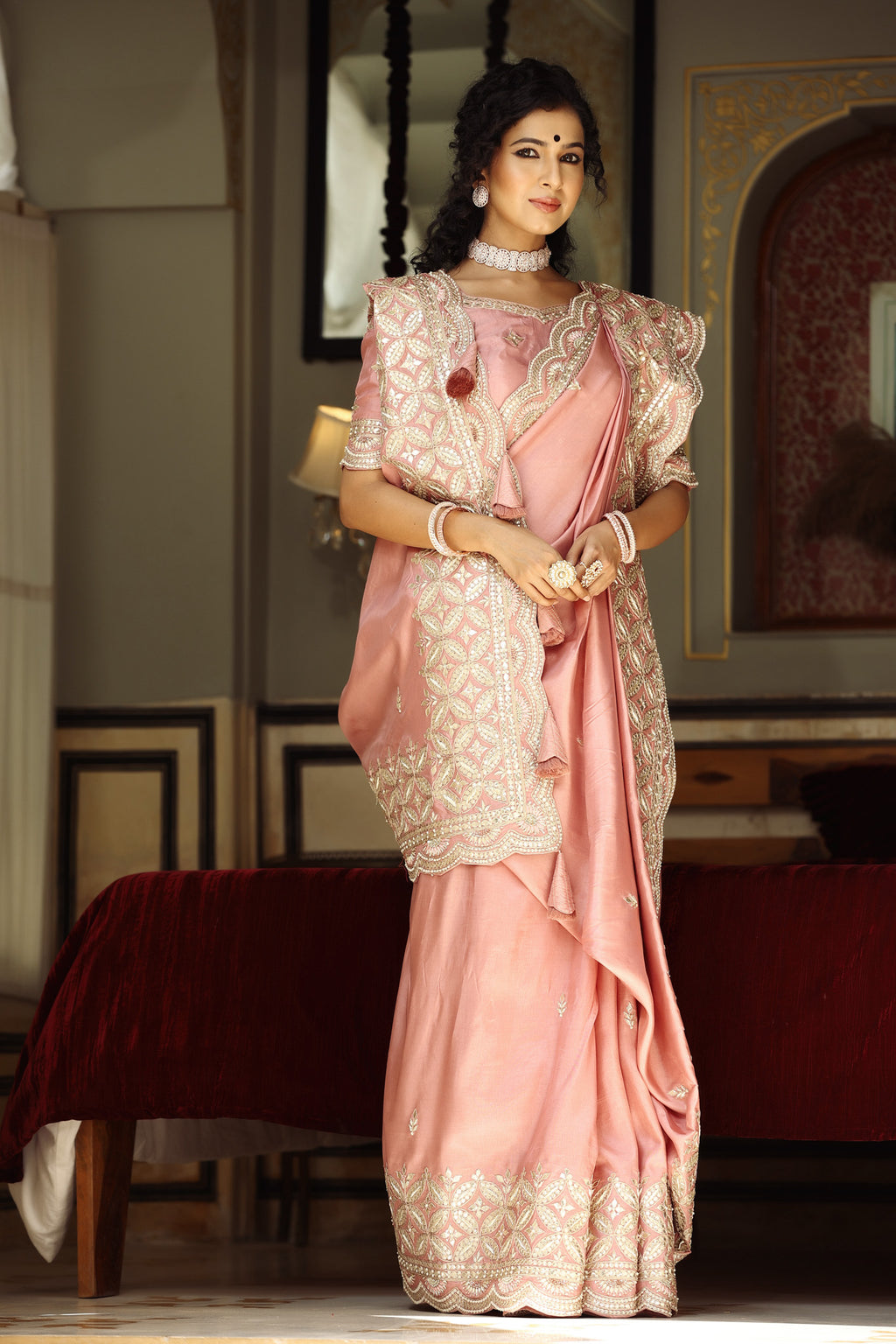 Buy light pink tussar georgette saree online in USA with embroidered blouse. Make a fashion statement at weddings with stunning designer sarees, embroidered sarees with blouse, wedding sarees, handloom sarees from Pure Elegance Indian fashion store in USA.-full view