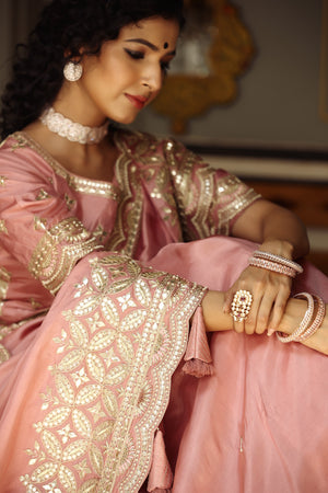 Buy light pink tussar georgette saree online in USA with embroidered blouse. Make a fashion statement at weddings with stunning designer sarees, embroidered sarees with blouse, wedding sarees, handloom sarees from Pure Elegance Indian fashion store in USA.-pallu