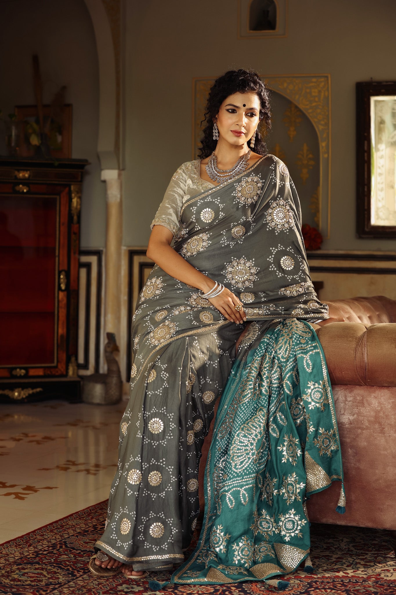 Shop beautiful grey tussar georgette saree online in USA with embroidered blouse. Make a fashion statement at weddings with stunning designer sarees, embroidered sarees with blouse, wedding sarees, handloom sarees from Pure Elegance Indian fashion store in USA.-closeup