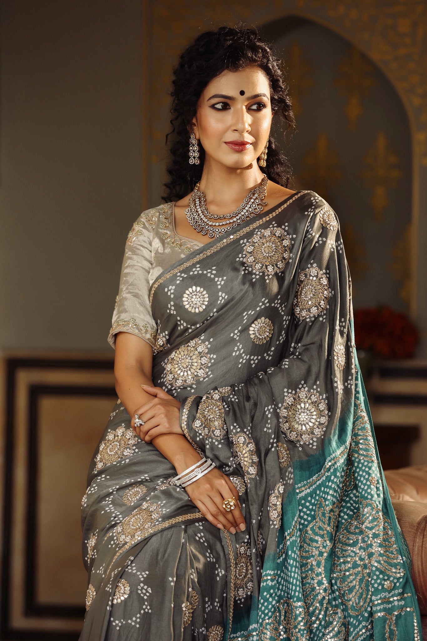 Shop beautiful grey tussar georgette saree online in USA with embroidered blouse. Make a fashion statement at weddings with stunning designer sarees, embroidered sarees with blouse, wedding sarees, handloom sarees from Pure Elegance Indian fashion store in USA.-saree
