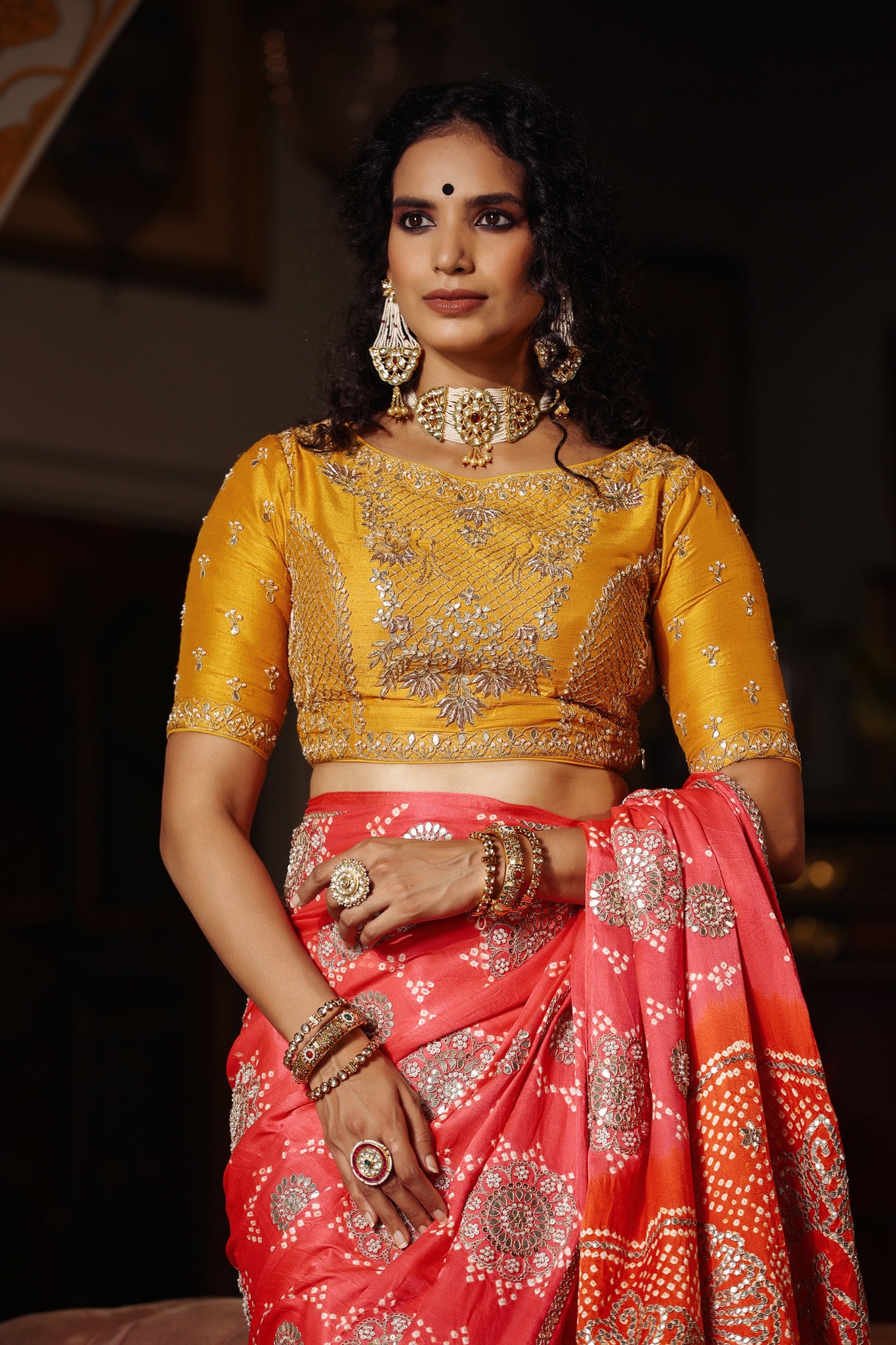 Buy beautiful pink tussar georgette saree online in USA with yellow embroidered blouse. Make a fashion statement at weddings with stunning designer sarees, embroidered sarees with blouse, wedding sarees, handloom sarees from Pure Elegance Indian fashion store in USA.-blouse