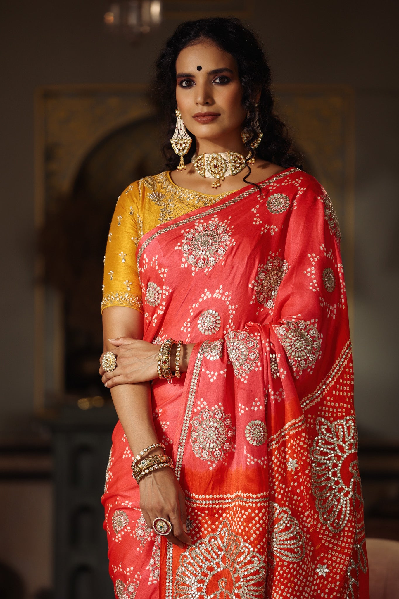 Buy beautiful pink tussar georgette saree online in USA with yellow embroidered blouse. Make a fashion statement at weddings with stunning designer sarees, embroidered sarees with blouse, wedding sarees, handloom sarees from Pure Elegance Indian fashion store in USA.-saree