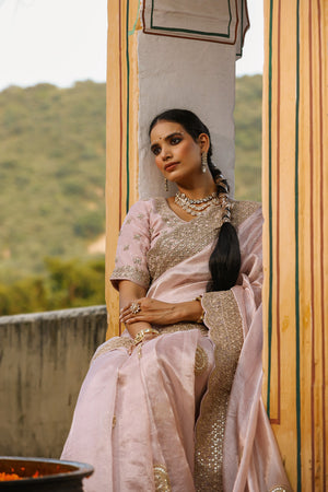 Shop powder pink embroidered tissue silk saree online in USA with blouse. Make a fashion statement at weddings with stunning designer sarees, embroidered sarees with blouse, wedding sarees, handloom sarees from Pure Elegance Indian fashion store in USA.-saree
