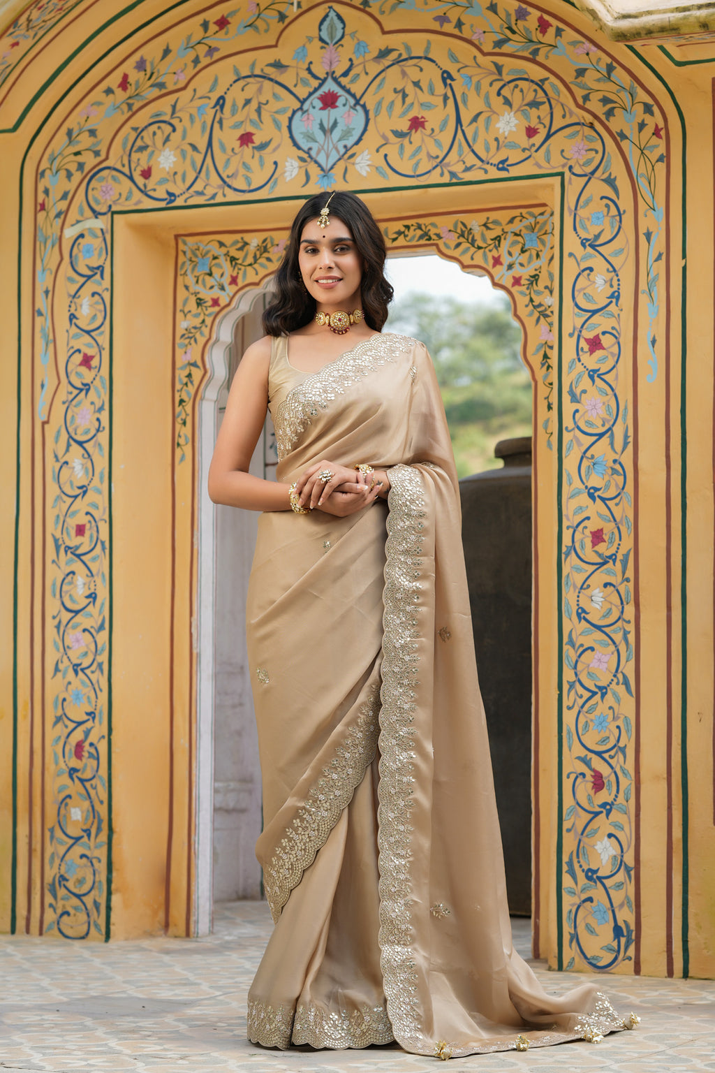 Buy beige tussar georgette saree online in USA with embroidered border. Make a fashion statement at weddings with stunning designer sarees, embroidered sarees with blouse, wedding sarees, handloom sarees from Pure Elegance Indian fashion store in USA.-full view