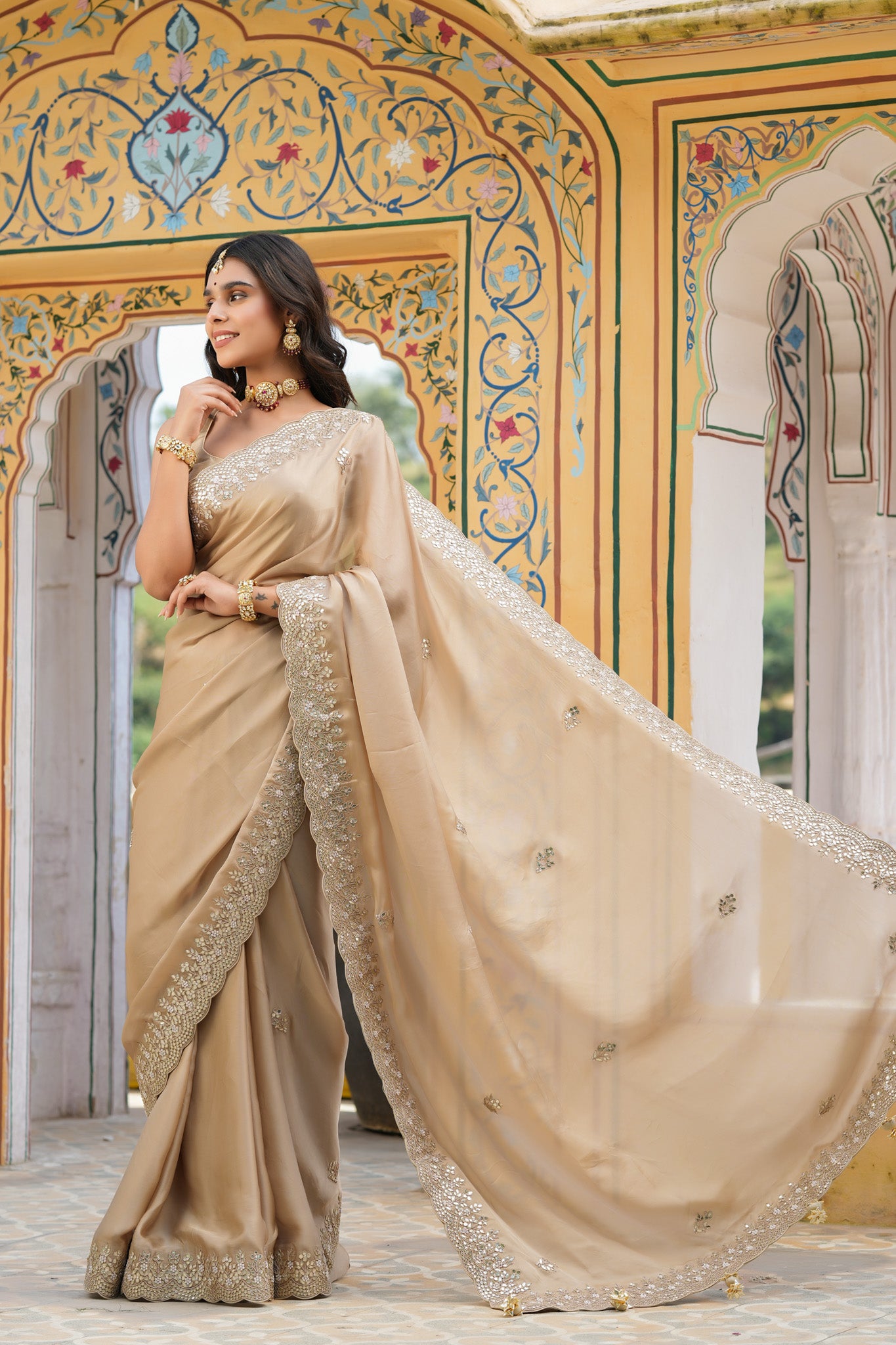 Buy beige tussar georgette saree online in USA with embroidered border. Make a fashion statement at weddings with stunning designer sarees, embroidered sarees with blouse, wedding sarees, handloom sarees from Pure Elegance Indian fashion store in USA.-pallu
