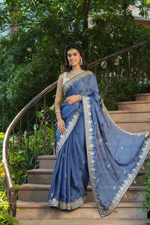 Shop blue tussar georgette saree online in USA with embroidered border. Make a fashion statement at weddings with stunning designer sarees, embroidered sarees with blouse, wedding sarees, handloom sarees from Pure Elegance Indian fashion store in USA.-pallu