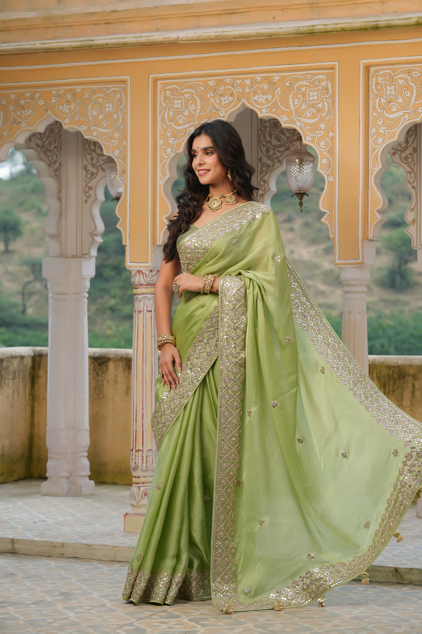 Buy beautiful pista green embroidered tussar georgette saree online in USA with saree blouse. Make a fashion statement at weddings with stunning designer sarees, embroidered sarees with blouse, wedding sarees, handloom sarees from Pure Elegance Indian fashion store in USA.-pallu