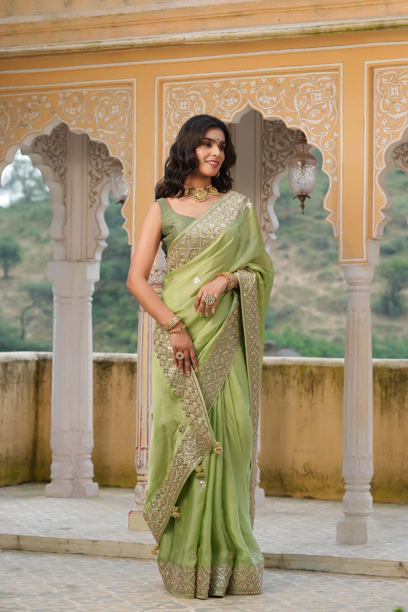 Buy beautiful pista green embroidered tussar georgette saree online in USA with saree blouse. Make a fashion statement at weddings with stunning designer sarees, embroidered sarees with blouse, wedding sarees, handloom sarees from Pure Elegance Indian fashion store in USA.-front