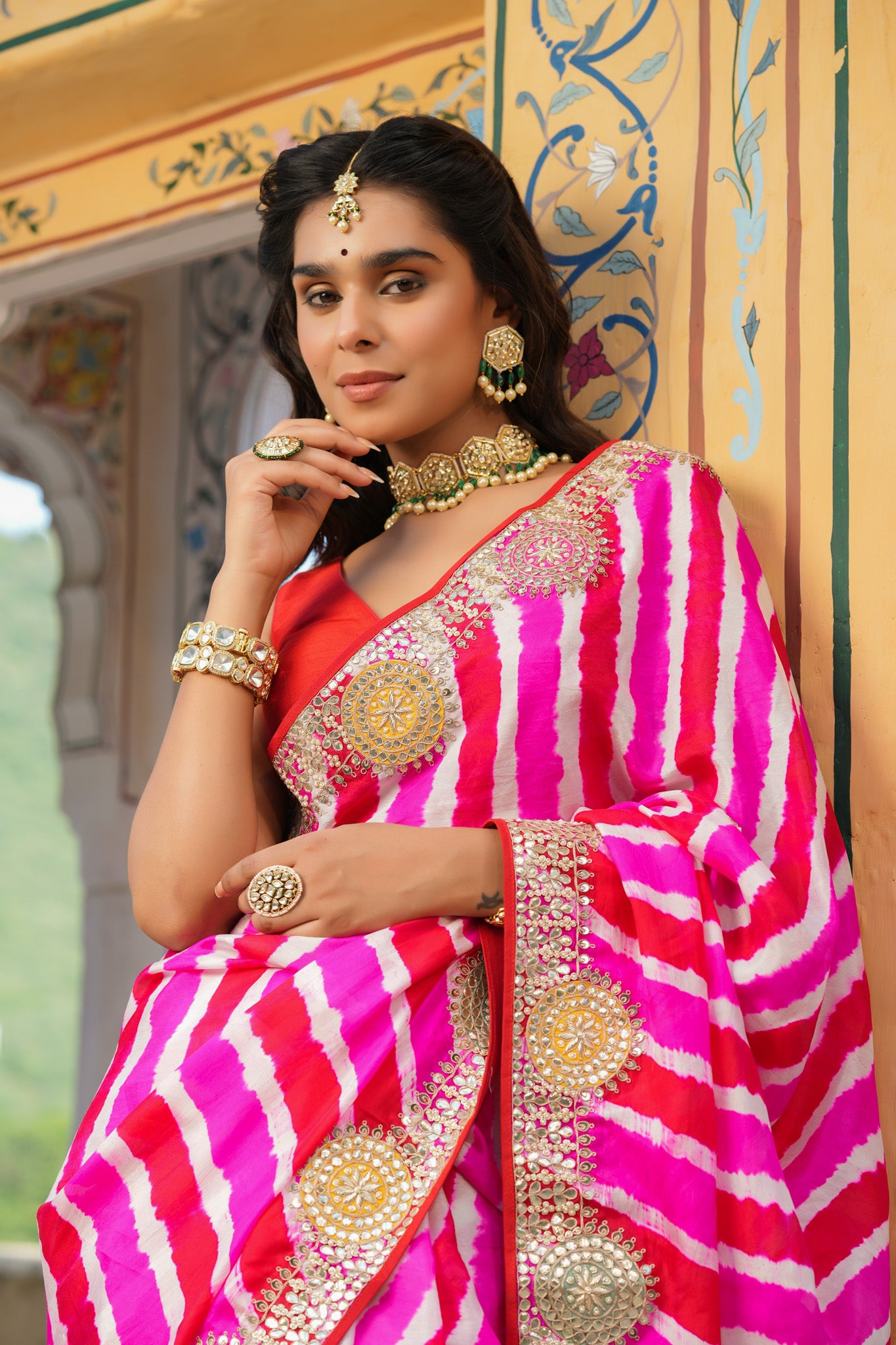 Shop beautiful pink and red stripes embroidered tussar georgette saree online in USA with saree blouse. Make a fashion statement at weddings with stunning designer sarees, embroidered sarees with blouse, wedding sarees, handloom sarees from Pure Elegance Indian fashion store in USA.-closeup