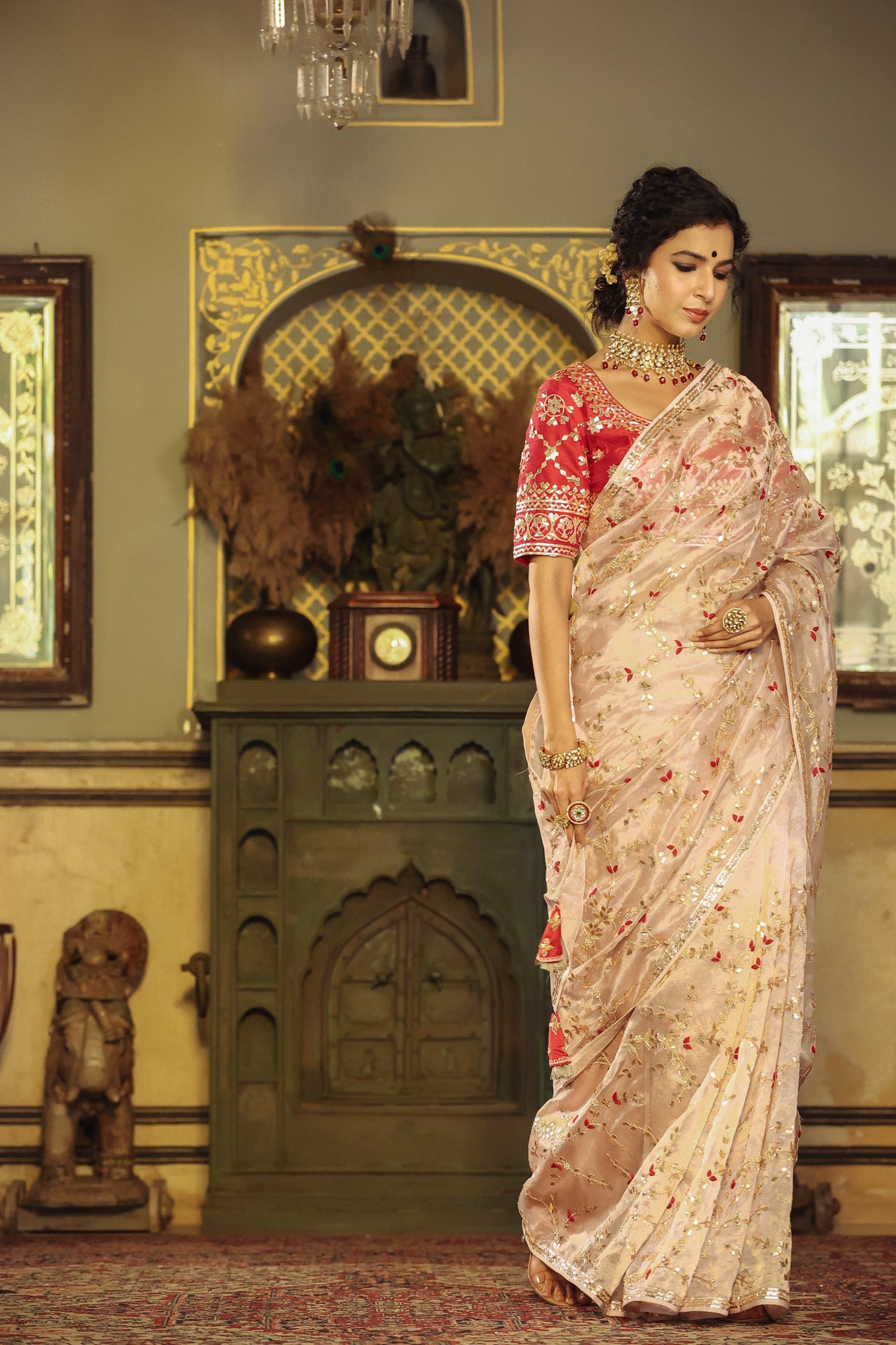 Buy cream gota embroidery tissue silk saree online in USA with pink saree blouse. Make a fashion statement at weddings with stunning designer sarees, embroidered sarees with blouse, wedding sarees, handloom sarees from Pure Elegance Indian fashion store in USA.-side