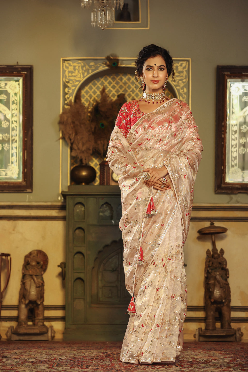 Buy cream gota embroidery tissue silk saree online in USA with pink saree blouse. Make a fashion statement at weddings with stunning designer sarees, embroidered sarees with blouse, wedding sarees, handloom sarees from Pure Elegance Indian fashion store in USA.-full view