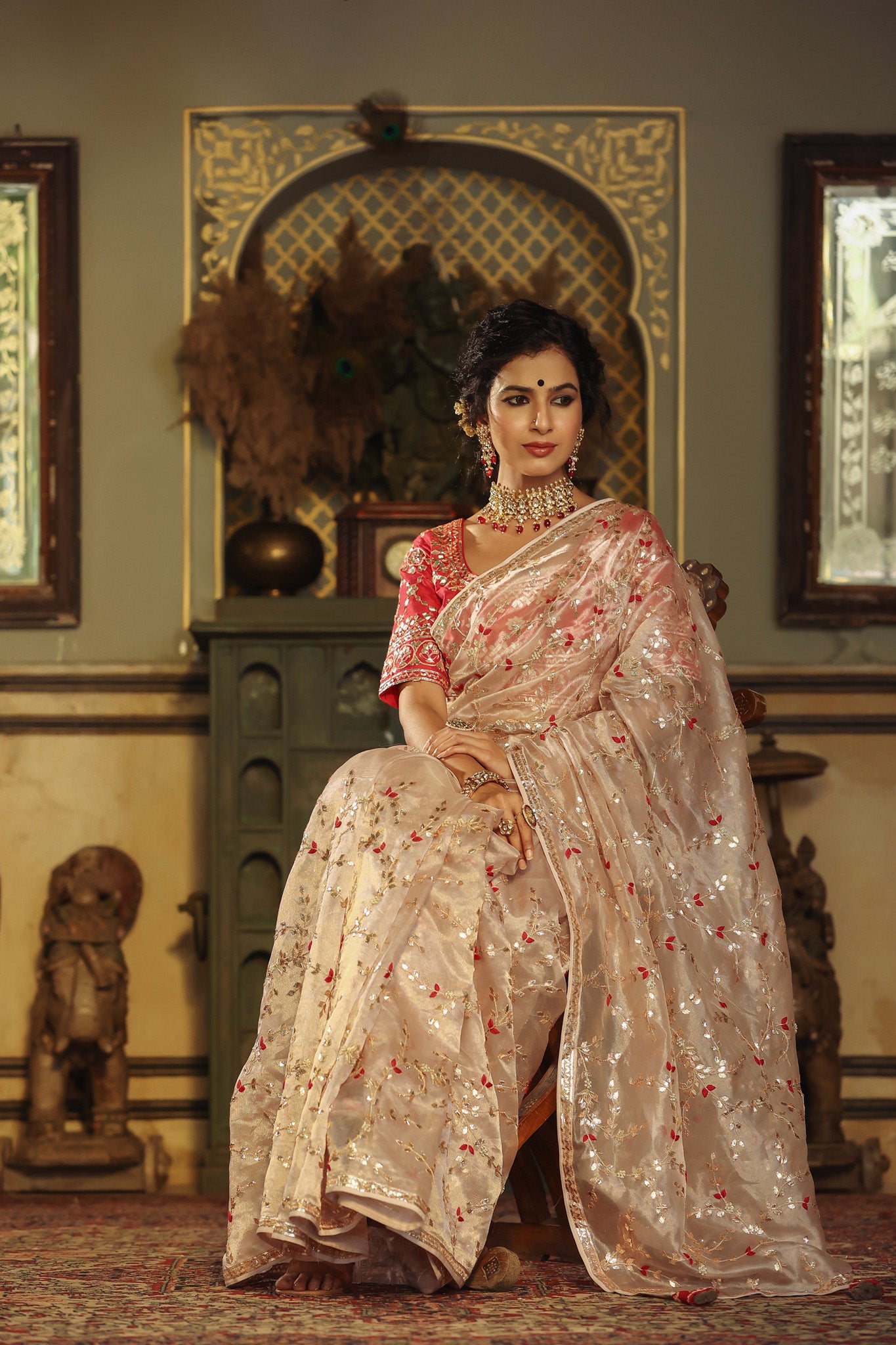 Buy cream gota embroidery tissue silk saree online in USA with pink saree blouse. Make a fashion statement at weddings with stunning designer sarees, embroidered sarees with blouse, wedding sarees, handloom sarees from Pure Elegance Indian fashion store in USA.-closeup
