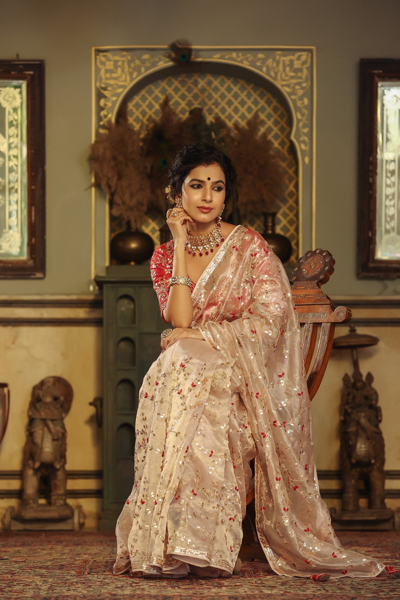 Buy cream gota embroidery tissue silk saree online in USA with pink saree blouse. Make a fashion statement at weddings with stunning designer sarees, embroidered sarees with blouse, wedding sarees, handloom sarees from Pure Elegance Indian fashion store in USA.-saree