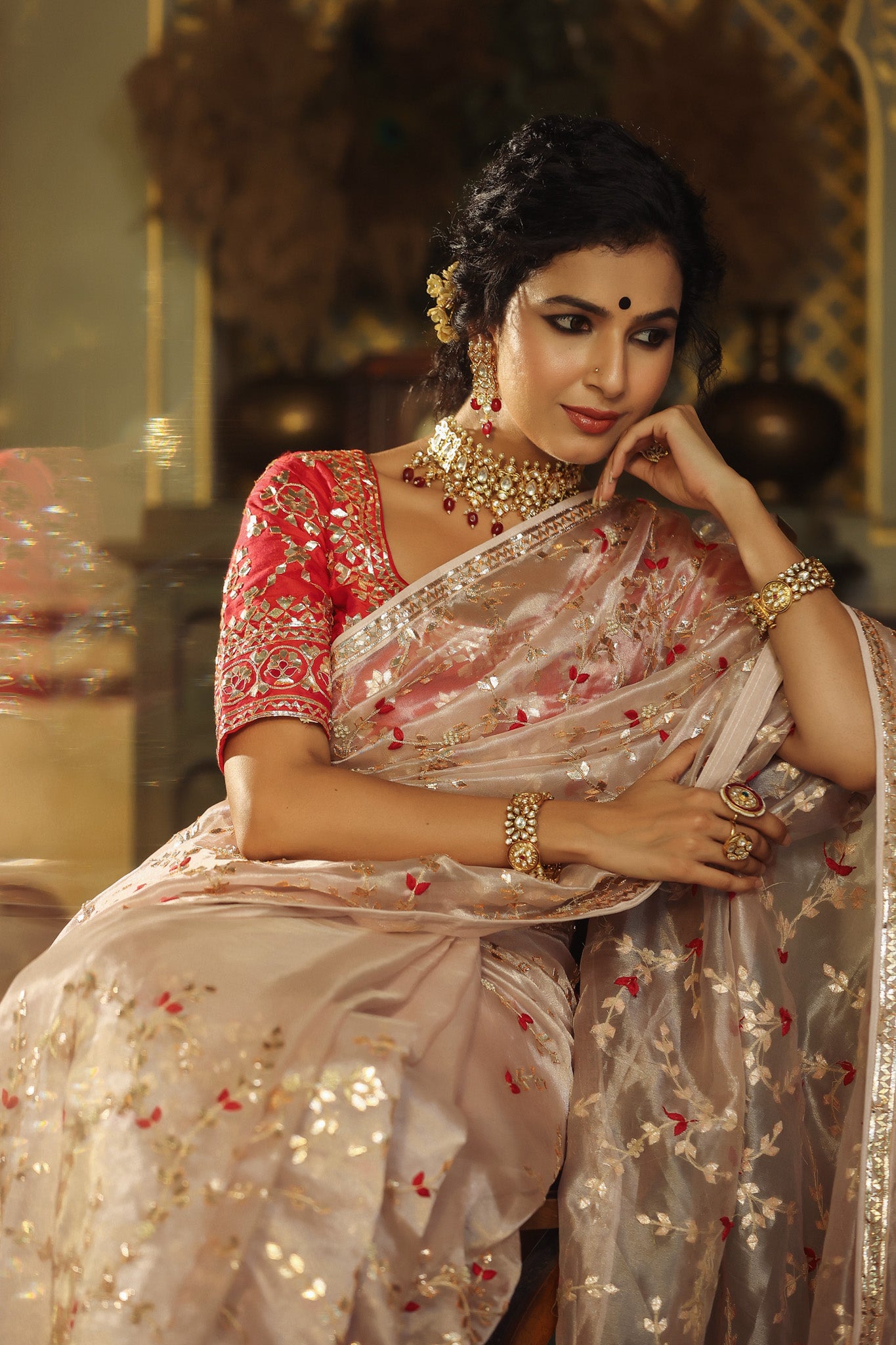 Buy cream gota embroidery tissue silk saree online in USA with pink saree blouse. Make a fashion statement at weddings with stunning designer sarees, embroidered sarees with blouse, wedding sarees, handloom sarees from Pure Elegance Indian fashion store in USA.-details