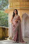 Shop dusty pink embroidered tussar georgette saree online in USA with saree blouse. Make a fashion statement at weddings with stunning designer sarees, embroidered sarees with blouse, wedding sarees, handloom sarees from Pure Elegance Indian fashion store in USA.-full view