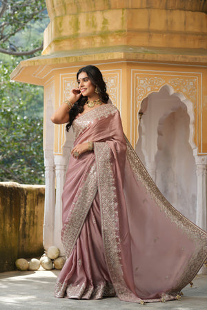 Shop dusty pink embroidered tussar georgette saree online in USA with saree blouse. Make a fashion statement at weddings with stunning designer sarees, embroidered sarees with blouse, wedding sarees, handloom sarees from Pure Elegance Indian fashion store in USA.-pallu