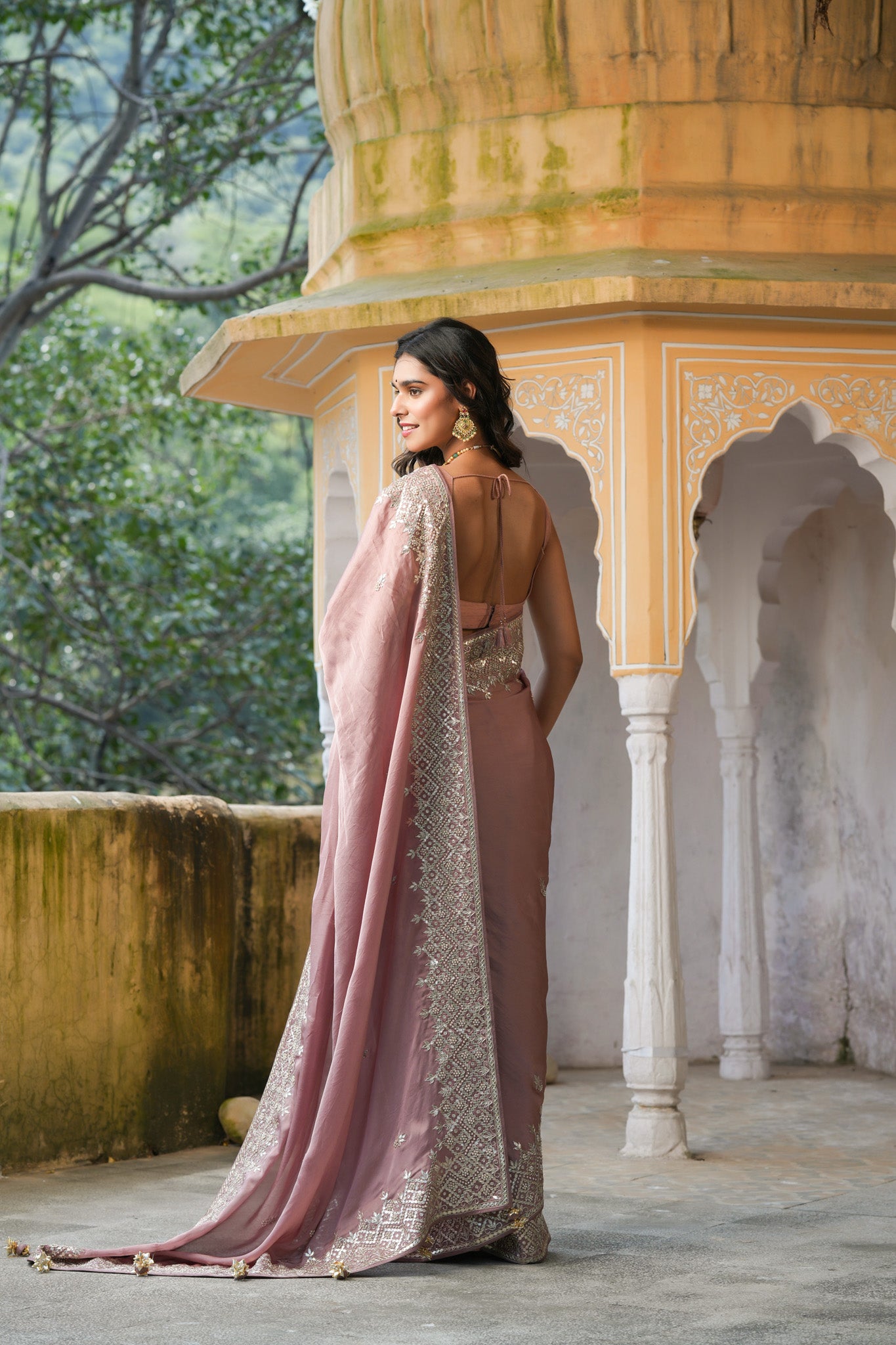 Shop dusty pink embroidered tussar georgette saree online in USA with saree blouse. Make a fashion statement at weddings with stunning designer sarees, embroidered sarees with blouse, wedding sarees, handloom sarees from Pure Elegance Indian fashion store in USA.-back
