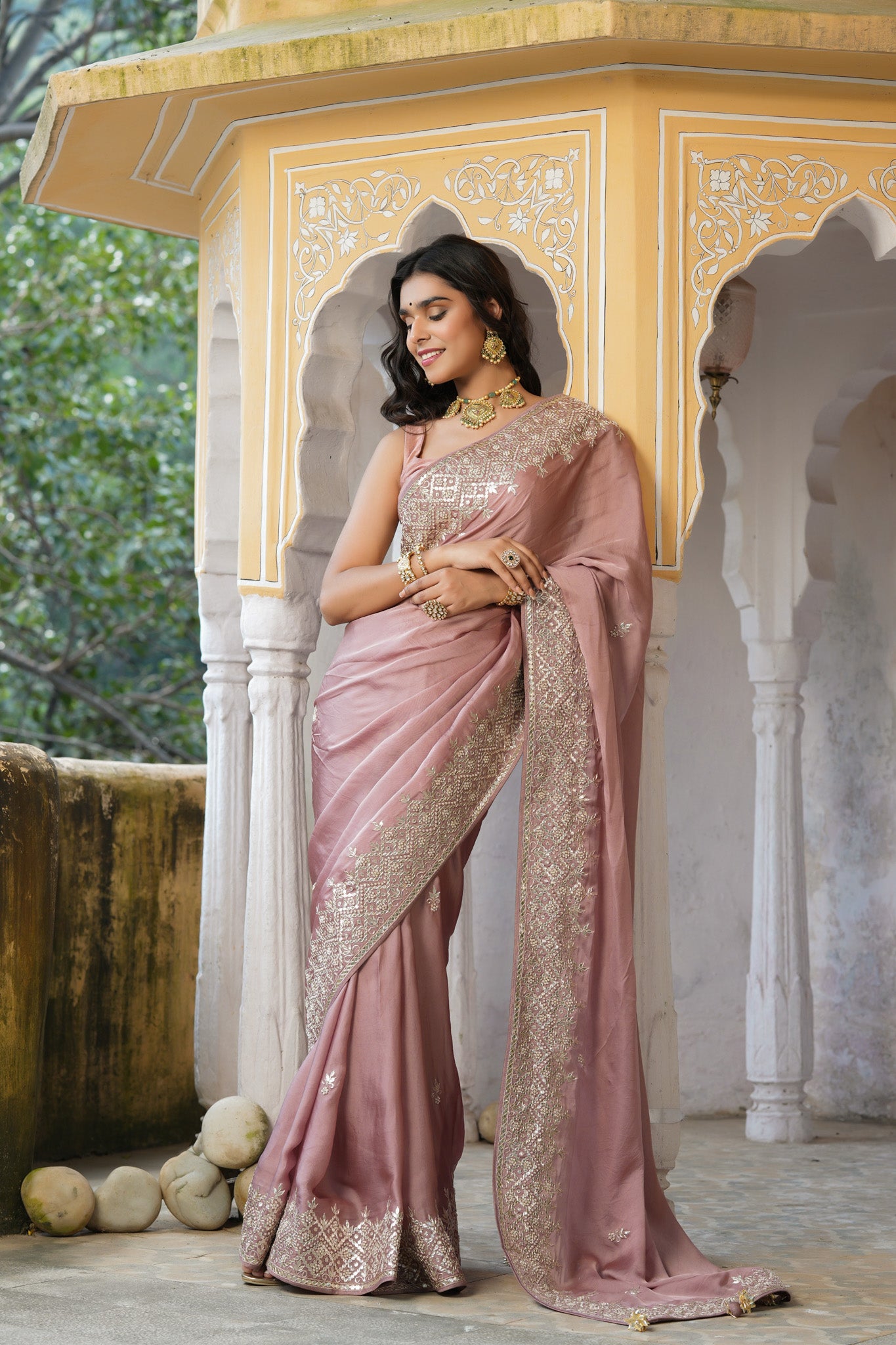 Shop dusty pink embroidered tussar georgette saree online in USA with saree blouse. Make a fashion statement at weddings with stunning designer sarees, embroidered sarees with blouse, wedding sarees, handloom sarees from Pure Elegance Indian fashion store in USA.-front