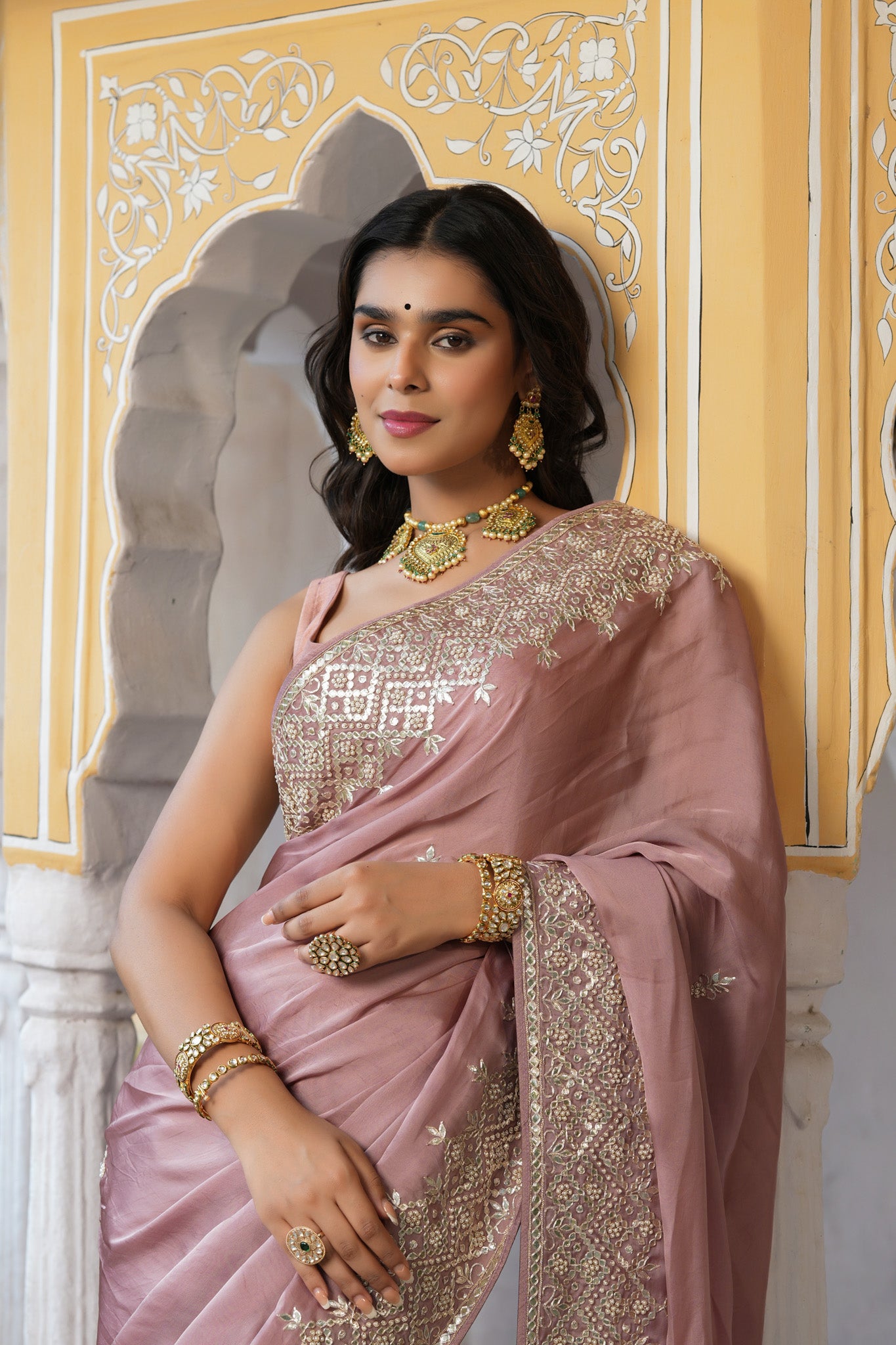 Shop dusty pink embroidered tussar georgette saree online in USA with saree blouse. Make a fashion statement at weddings with stunning designer sarees, embroidered sarees with blouse, wedding sarees, handloom sarees from Pure Elegance Indian fashion store in USA.-closeup