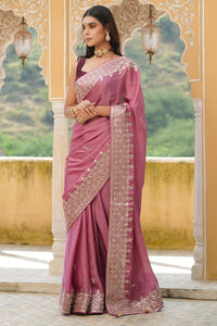 Buy onion pink embroidered tussar georgette saree online in USA with blouse. Make a fashion statement at weddings with stunning designer sarees, embroidered sarees with blouse, wedding sarees, handloom sarees from Pure Elegance Indian fashion store in USA.-full view