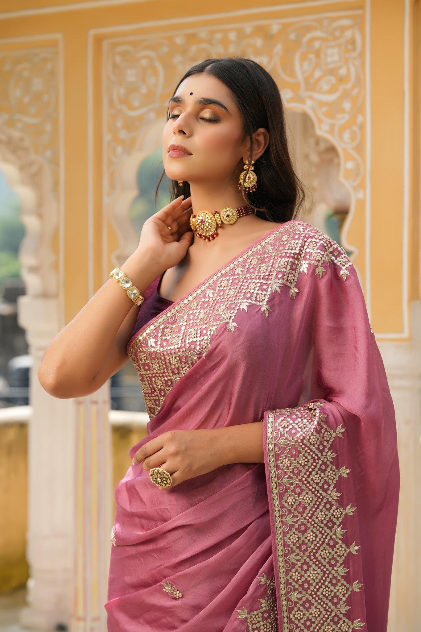 Buy onion pink embroidered tussar georgette saree online in USA with blouse. Make a fashion statement at weddings with stunning designer sarees, embroidered sarees with blouse, wedding sarees, handloom sarees from Pure Elegance Indian fashion store in USA.-embroidery
