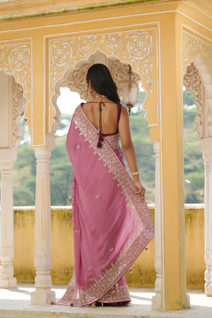 Buy onion pink embroidered tussar georgette saree online in USA with blouse. Make a fashion statement at weddings with stunning designer sarees, embroidered sarees with blouse, wedding sarees, handloom sarees from Pure Elegance Indian fashion store in USA.-back