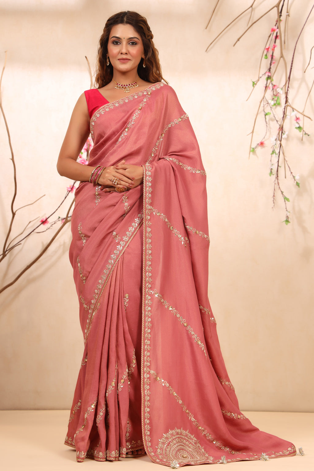 Buy blush pink embroidered tussar georgette saree online in USA with blouse. Make a fashion statement at weddings with stunning designer sarees, embroidered sarees with blouse, wedding sarees, handloom sarees from Pure Elegance Indian fashion store in USA.-full view