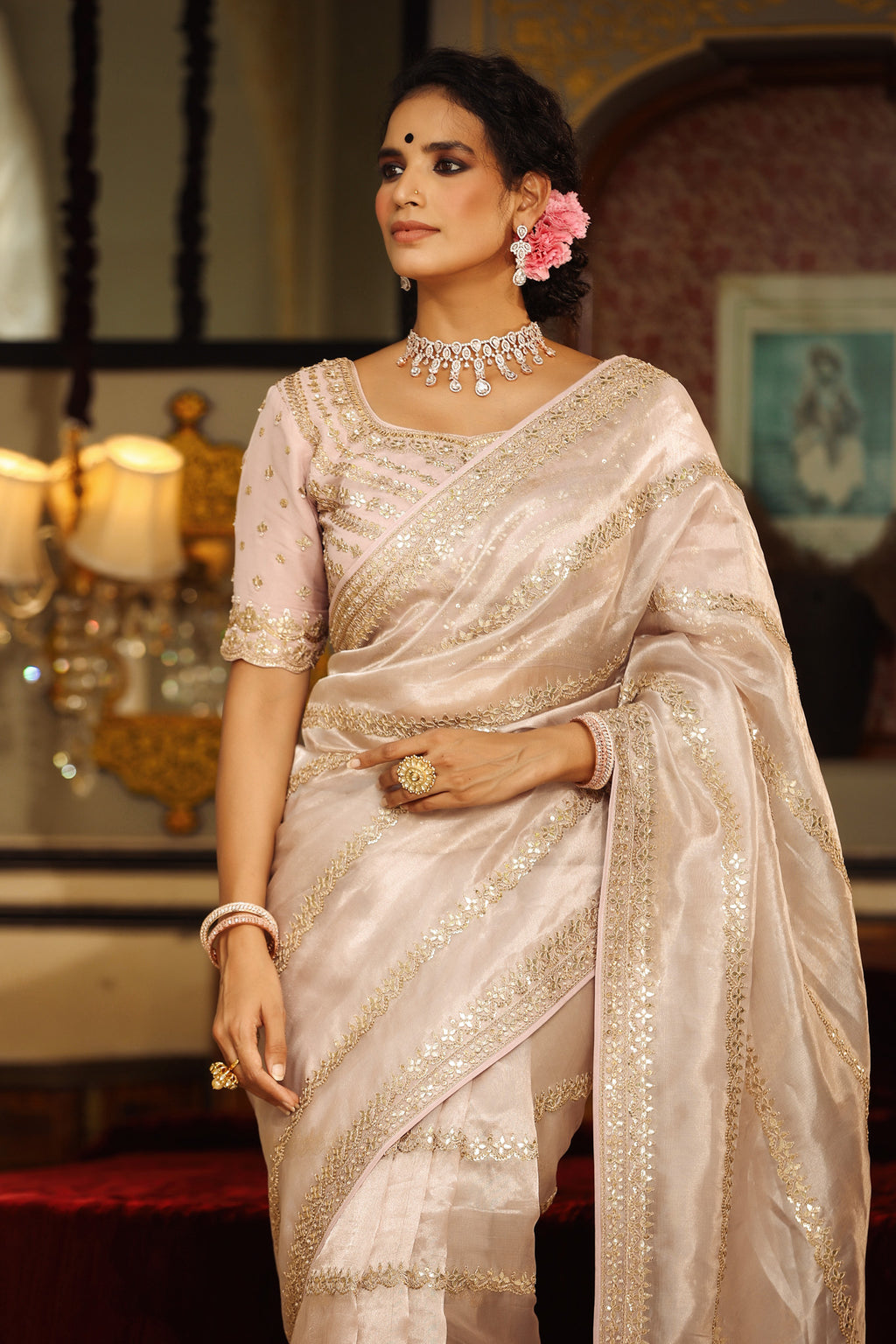Shop beautiful cream pure tissue silk saree online in USA with hand embroidery. Make a fashion statement at weddings with stunning designer sarees, embroidered sarees with blouse, wedding sarees, handloom sarees from Pure Elegance Indian fashion store in USA.-full view