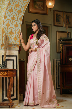 Buy light pink embroidered tussar georgette saree online in USA. Make a fashion statement at weddings with stunning designer sarees, embroidered sarees with blouse, wedding sarees, handloom sarees from Pure Elegance Indian fashion store in USA.-pallu