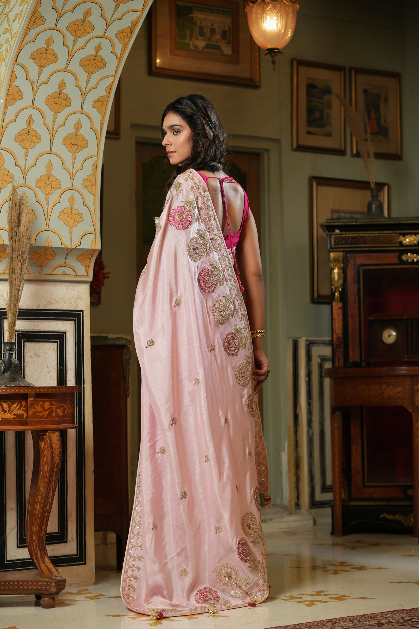Buy light pink embroidered tussar georgette saree online in USA. Make a fashion statement at weddings with stunning designer sarees, embroidered sarees with blouse, wedding sarees, handloom sarees from Pure Elegance Indian fashion store in USA.-back