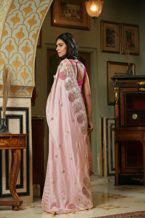 Buy light pink embroidered tussar georgette saree online in USA. Make a fashion statement at weddings with stunning designer sarees, embroidered sarees with blouse, wedding sarees, handloom sarees from Pure Elegance Indian fashion store in USA.-back
