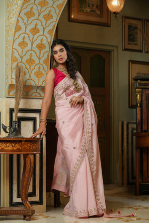 Buy light pink embroidered tussar georgette saree online in USA. Make a fashion statement at weddings with stunning designer sarees, embroidered sarees with blouse, wedding sarees, handloom sarees from Pure Elegance Indian fashion store in USA.-side