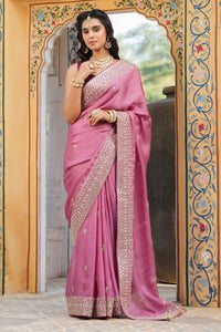 Shop mauve pink tussar georgette saree online in USA with gota work border. Make a fashion statement at weddings with stunning designer sarees, embroidered sarees with blouse, wedding sarees, handloom sarees from Pure Elegance Indian fashion store in USA.-full view