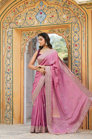 Shop mauve pink tussar georgette saree online in USA with gota work border. Make a fashion statement at weddings with stunning designer sarees, embroidered sarees with blouse, wedding sarees, handloom sarees from Pure Elegance Indian fashion store in USA.-pallu