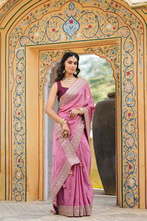 Shop mauve pink tussar georgette saree online in USA with gota work border. Make a fashion statement at weddings with stunning designer sarees, embroidered sarees with blouse, wedding sarees, handloom sarees from Pure Elegance Indian fashion store in USA.-front