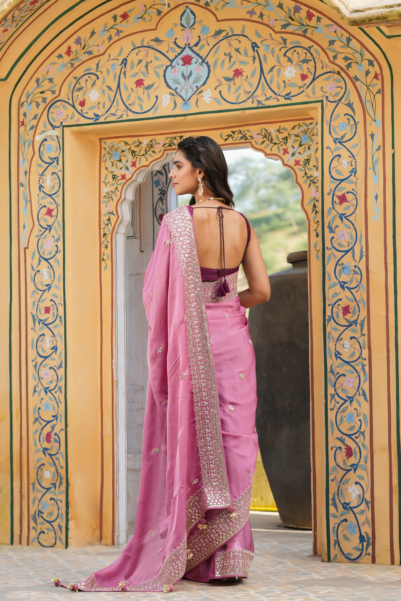 Shop mauve pink tussar georgette saree online in USA with gota work border. Make a fashion statement at weddings with stunning designer sarees, embroidered sarees with blouse, wedding sarees, handloom sarees from Pure Elegance Indian fashion store in USA.-back