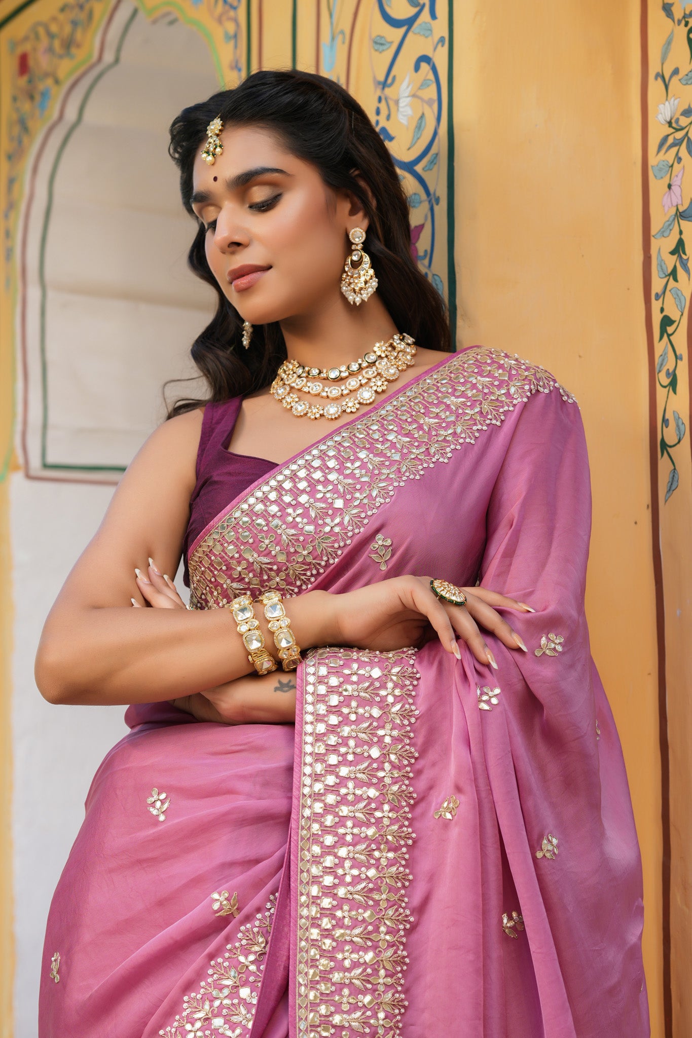 Shop mauve pink tussar georgette saree online in USA with gota work border. Make a fashion statement at weddings with stunning designer sarees, embroidered sarees with blouse, wedding sarees, handloom sarees from Pure Elegance Indian fashion store in USA.- closeup