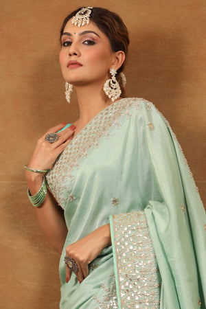 Buy mint green tussar georgette saree online in USA with gota work border. Make a fashion statement at weddings with stunning designer sarees, embroidered sarees with blouse, wedding sarees, handloom sarees from Pure Elegance Indian fashion store in USA.-pallu