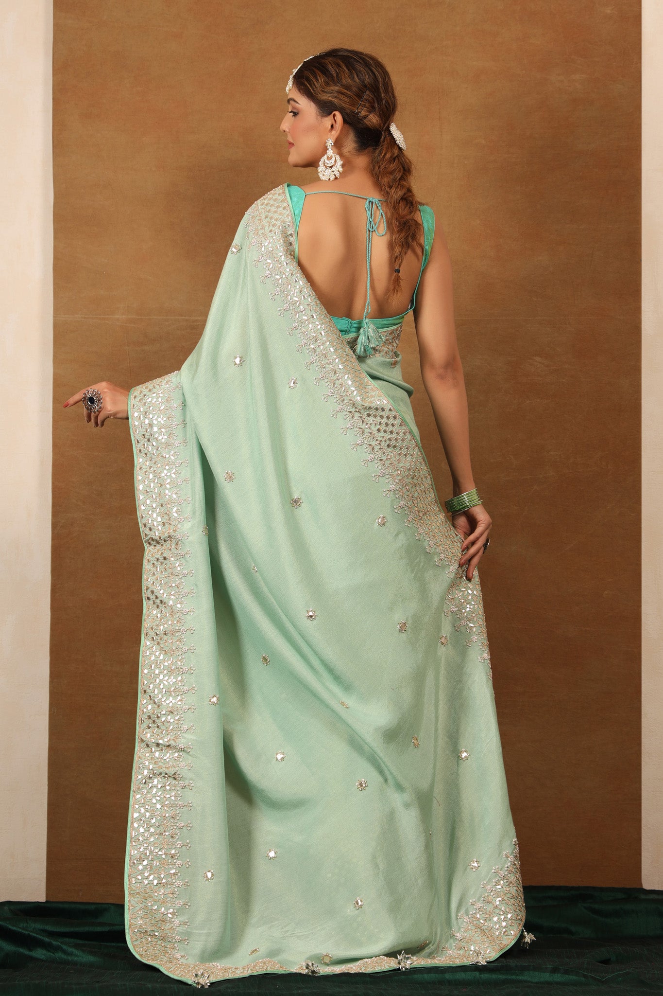Buy mint green tussar georgette saree online in USA with gota work border. Make a fashion statement at weddings with stunning designer sarees, embroidered sarees with blouse, wedding sarees, handloom sarees from Pure Elegance Indian fashion store in USA.-back
