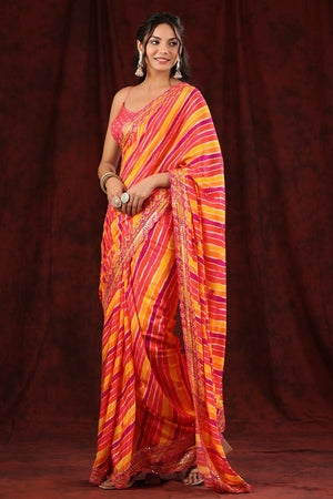 Shop multicolor stripes crepe sari online in USA with embroidered border. Make a fashion statement at weddings with stunning designer sarees, embroidered sarees with blouse, wedding sarees, handloom sarees from Pure Elegance Indian fashion store in USA.-pallu