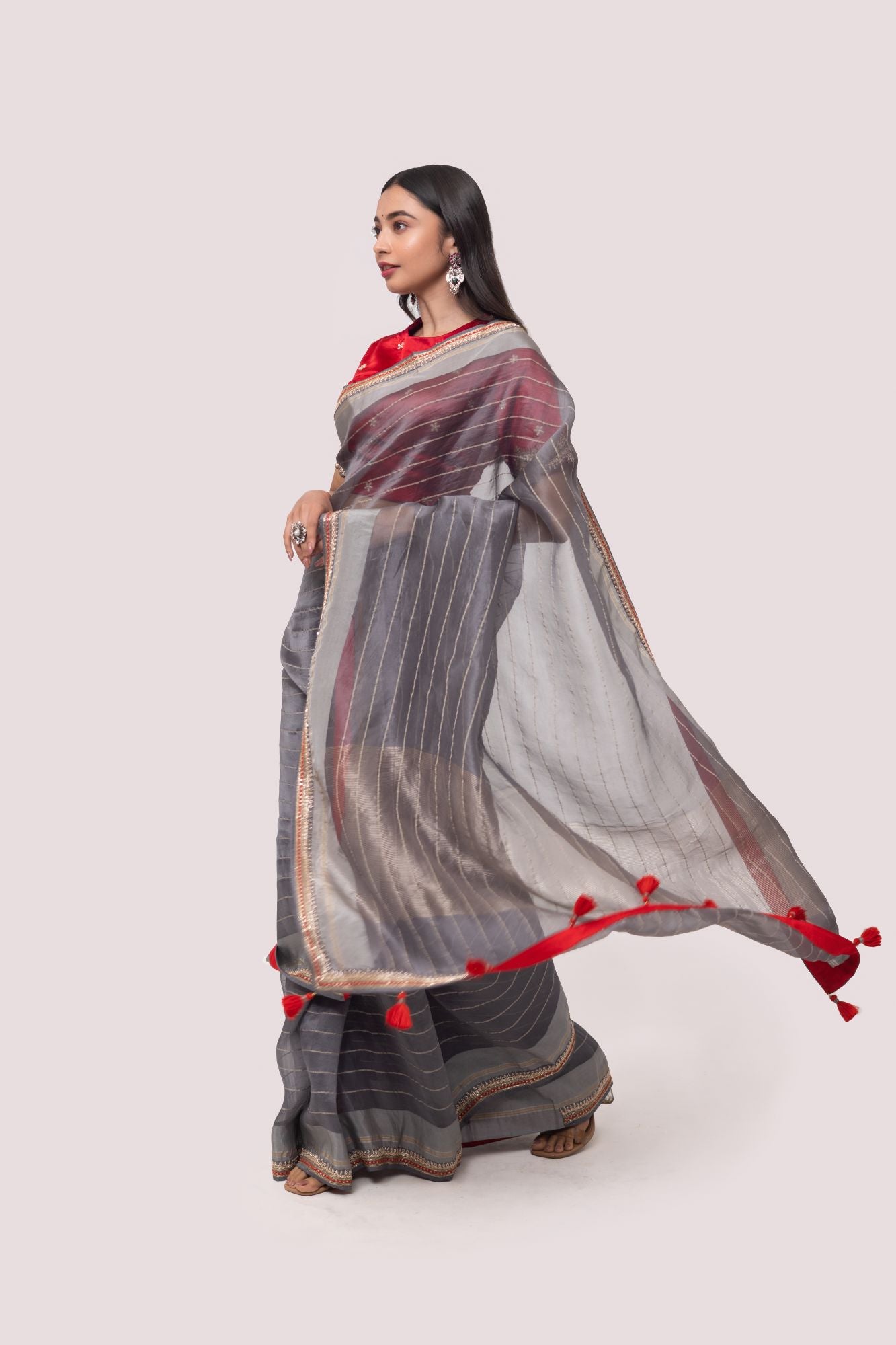 90Z785-RO Grey Georgette Saree with Embroidered Border