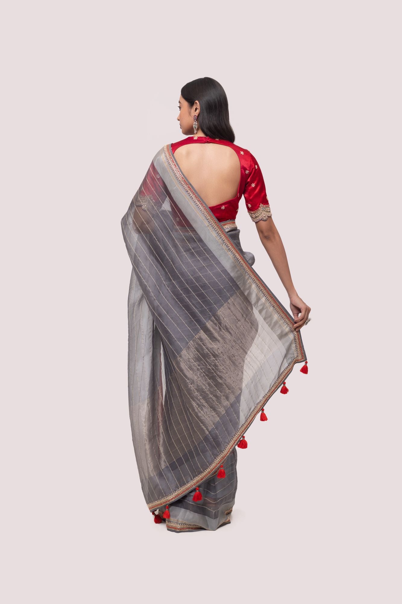 90Z785-RO Grey Georgette Saree with Embroidered Border