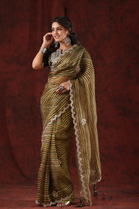 Buy brown printed embroidered organza saree online in USA with blouse. Make a fashion statement at weddings with stunning designer sarees, embroidered sarees with blouse, wedding sarees, handloom sarees from Pure Elegance Indian fashion store in USA.-full view
