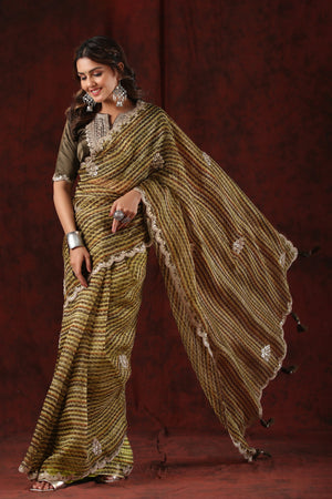 Buy brown printed embroidered organza saree online in USA with blouse. Make a fashion statement at weddings with stunning designer sarees, embroidered sarees with blouse, wedding sarees, handloom sarees from Pure Elegance Indian fashion store in USA.-pallu