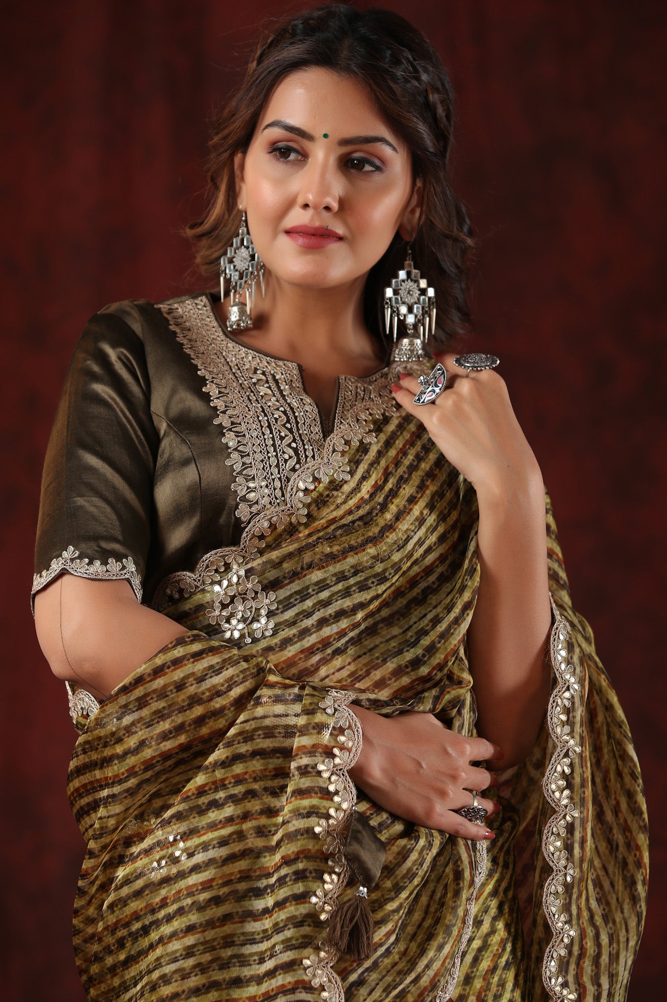 Buy brown printed embroidered organza saree online in USA with blouse. Make a fashion statement at weddings with stunning designer sarees, embroidered sarees with blouse, wedding sarees, handloom sarees from Pure Elegance Indian fashion store in USA.-blouse